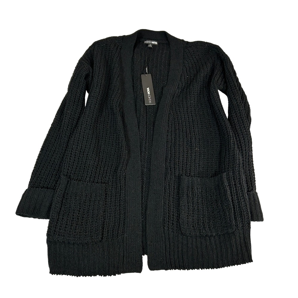 Fashion Nova Nora‎ Cardigan Womens Small Black Chunky Knit Open Front NEW NWT